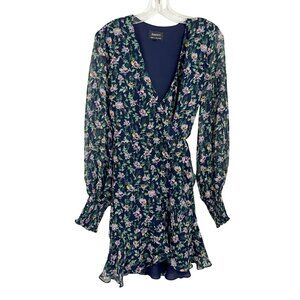 Bardot Miley Mini Floral Wrap Dress Long Sleeve Navy Feminine - Size US 8 Medium